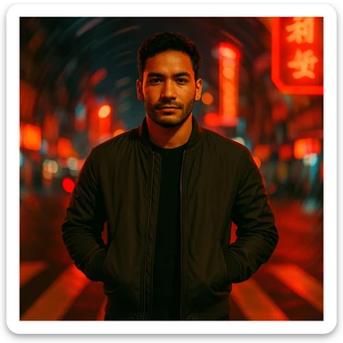 Create a cinematic night scene of a Southeast Asian man in his early 30s with medium tan skin, standing in a crosswalk with neon lights and spiral blur. The man has hands in pockets, wears a dark bomber jacket, has a confident expression, soft flash, warm saturated colors, 35mm film style, urban nightlife. Use the reference image for face. sticker