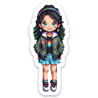 confident, fashionable girl character, stylish and bold, wearing trendy clothes, cheerful expression, pixel art style sticker