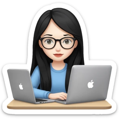 girl with long black hair sitting and typing on a laptop sticker