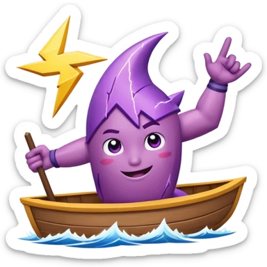 a buff purple anthropamorphic lightning bolt sailing away on a boat sticker