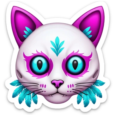 Glittery magenta hollow-eyes cat-skull with cyan feathers sticker