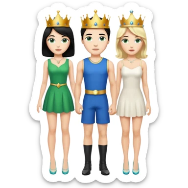 Prince with crown, black hair, body, legst, blue eyes, woman blonde hair, green eyes, sexy white short sleveless dress, shoes sticker