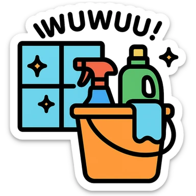 bucket with cleaning supplies next to a window, sparkling clean, playful 'wuuwuus' text, cheerful and tidy sticker