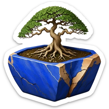 Aged two toned lapis blue terracotta Roots Stoneware akadama moss on soil irregular angular Stone Age rocks cracked crags and broken rough edges forming a very shallow Yixing bonsai pot sticker