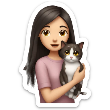 A pale girl with dark brown hair and dark brown eyes kisses a cat in her hands sticker