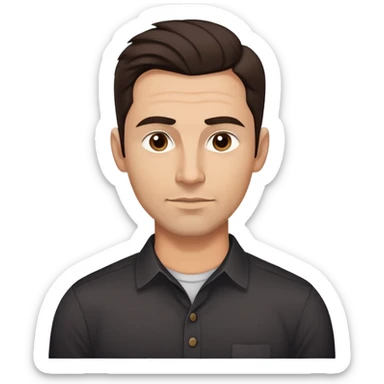 Youthful-looking athletic 40-year-old man with light brown skin, elongated face, defined jawline, attractive features, medium dark eyes, arched eyebrows, straight nose, confident expression, medium wavy dark hair with modern style, wearing a black buttoned-up shirt sticker