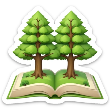 A 3D cartoon open book showing illustrations of two trees—one green and one dry—clean background, soft shadows, realistic Memoji-style look. sticker
