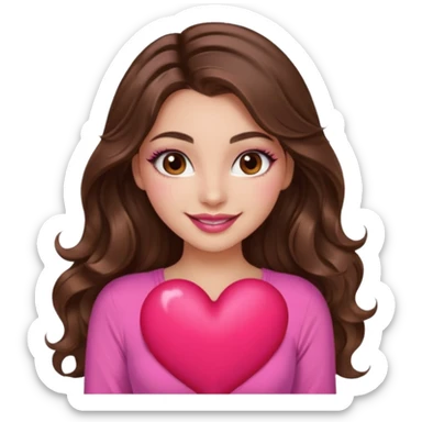 girl with long wavy brown hair, brown eyes, long lashes makeup, sexy pink lips, light to medium complexion, wearing a pink sexy top, smiling, holding a big heart sticker