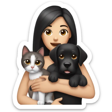 A white woman with long straight black hair and dark brown eyes, holding a mixed-breed dog and a cute cat in her lap. sticker