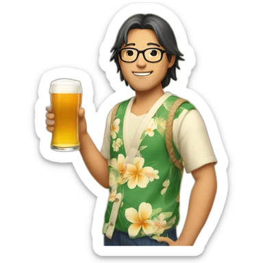 Japanese wearing roundglasses alohashirt is holding beer sticker