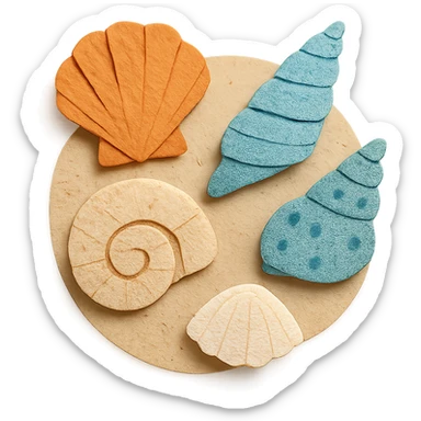 collection of different sea shells, arranged on a sandy background sticker