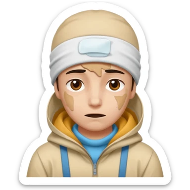 A person with headaches and a cold pack on the head sticker