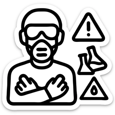bold, easy-to-read icon for a chemical factory showing a person in full PPE including goggles, gloves, mask with a warning triangle and chemical hazard symbols sticker