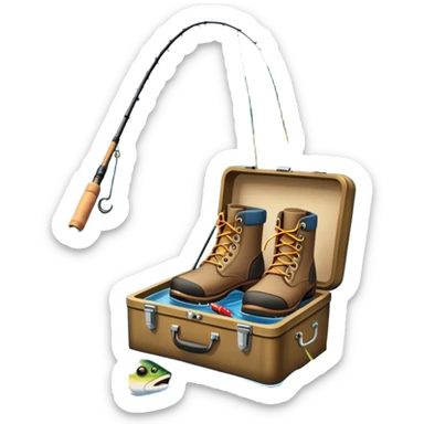 Icon for Fishing Travel: a fishing rod, tackle box, boots, and a boat by a serene lake, with fish jumping out of the water and surrounded by lush nature. The icon should capture the peaceful and adventurous spirit of fishing trips. Transparent background. sticker