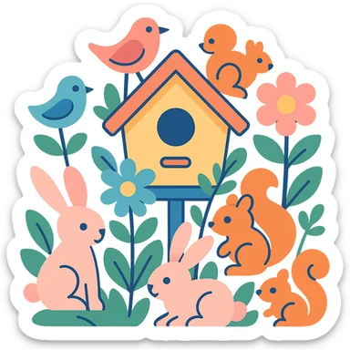 birdhouse with flowers and forest creatures including bunnies, birds, squirrels, soft pastel colors, transparent background sticker