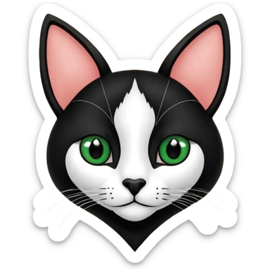 Haz una gata de ojos verdes la cara blanca con mancha negra en las orejas que agarra parte de la frente del lado der pero del iz va desde el ojo hasta la oreja la mancha, tiene la nariz negra en forma de corazón y todo lo que sobra de la cara, barbilla la nariz arriba y el lado de bigotes es blanca sticker