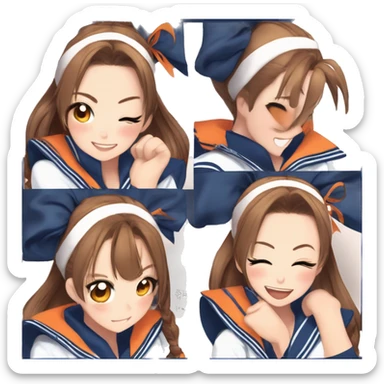 a woman in a sailor outfit blue orange, brown hair in a ponytail, charming sly smile, half body, hair tied in a ponytail, orange shoulder  pads, blue and orange, trending on pixiv, ponytail hair, the hime cut sticker
