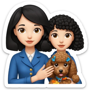 A black hair girl saying byebye with hand shaking a with a brown poodle sticker