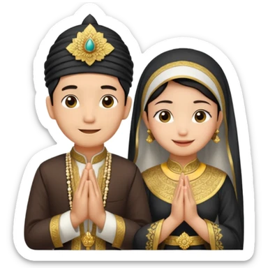 javanese person with shy smile (male) with blangkon hat and prayer hand, and also a javanese bride with sanggul and a shy smile sticker