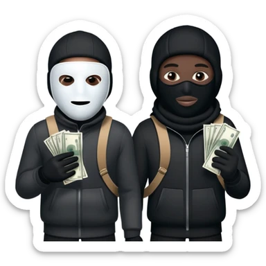 Two men one with white skin color and the other black skin color and both wearing black Ski masks holding money bag sticker