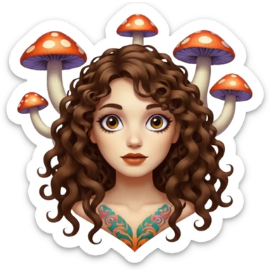 woman with long curly brown hair, brown eyes, white skin, tattoos, psychedelic mushrooms growing from her shadow sticker