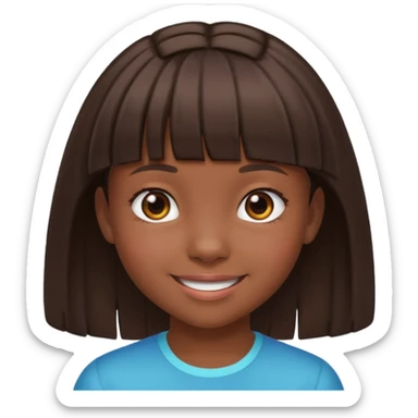 Head without neck of a 10-year-old girl with dark skin, brown hair, and bangs on her forehead. sticker