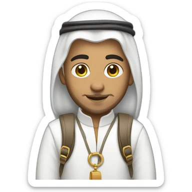 Arab wearing traditional white clothes with a backpack sticker