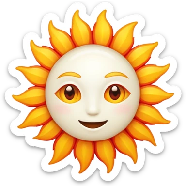 sun emoji, bright white or yellow-white, orange and red hues, radiant, simple and round sticker