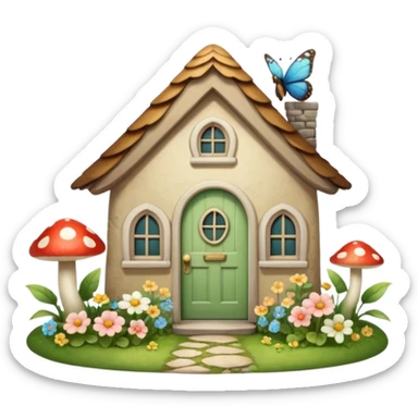 Cottagecore style, highly realistic, whimsical cute, vintage vibe, small cottage with a little garden in front with flowers, a mushroom, green frog and butterlies, with a vintage pale front door. Still life design. sticker