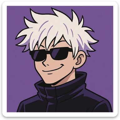 Gojo Satoru, stylized cartoon, white hair, sunglasses, smirking, purple background sticker
