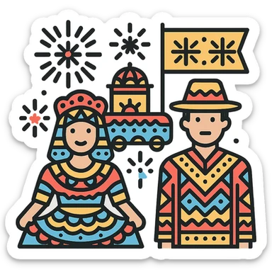 A detailed festival illustration with intricate patterns, traditional costumes, and a parade sticker