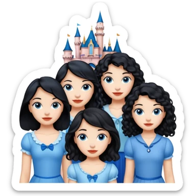 escribe el nombre Disneyland Paris y para titulo, pon a quatro chicas: una pelo corto negro, una pelo rizado largo, una pelo largo liso y la otra pelo ondulado mediano, esta con el ojos azules. Todas tienen piel carne y pon las chicas por los sitios después del nombre sticker