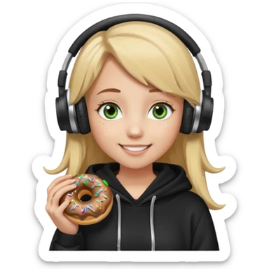 a girl with long brown hair blonde ends green and wearing black headphones she is wearing a cream coulor baggy hoddie she is happyish holding a donut sticker