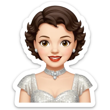 Judy Garland with short dark brown hair, white sequin dress sticker