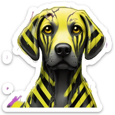 .Zombie_ Vaporwave black holographic oilslick zombie yellow Labrador zombie dog yellow caution tape graffiti stripes yellow and black stripes sticker