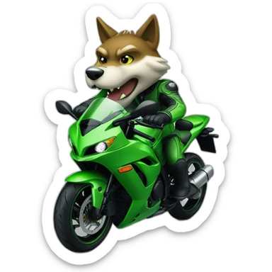 Wolf driving green motorcycle Kawasaki Ninja sticker