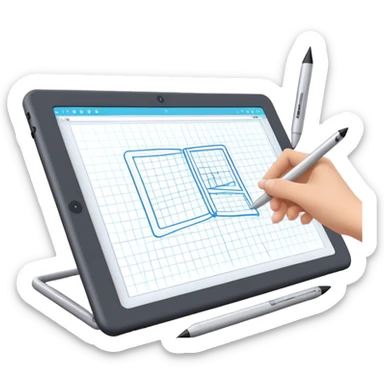 Create an emoji for 3D visualization and modeling. Show wireframe model that pops out from the screen of a large graphic tablet with a stylus drawing in a 3D modeling program. Use modern, professional colors. Do not include any emojis or smiley faces. Make the background transparent. sticker