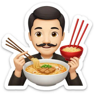 Chinese guy, yellow emoji, with long moustache smiling with ramen sticker
