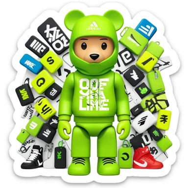 geometric bearbrick toy wearing a lime green balaclava completely covered with chaotic streetwear brand logos, graffiti-style tags, Nike, Adidas, Supreme, Off-White all mixed together in urban style, aggressive look sticker