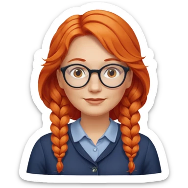 Norwegian woman, middle-aged, long wavy orange-red hair in a single side braid, large round glasses, friendly look sticker