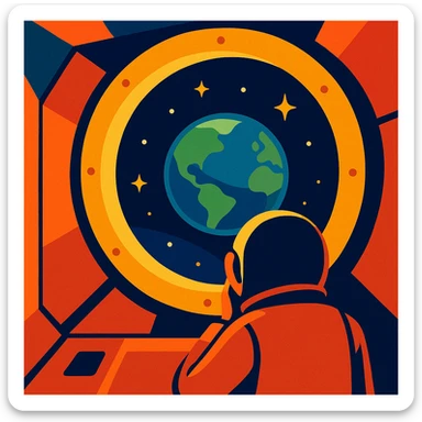 A spaceship window showing Earth in the distance, with a hint of longing and nostalgia. The scene should evoke a sense of missing home. sticker