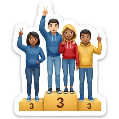 three multi-racial people in jeans and hoodies on a winners podium, center step higher, no numbers, center person holds up one finger on each hand, excited, fun, expressive emoji style sticker
