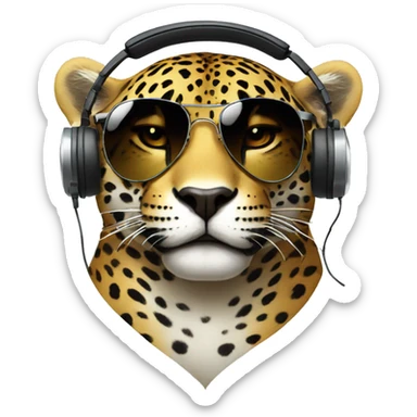 cool jaguar dj, round emoji face, looking forward, wearing cool sunglasses, wearing over-ear headphones on top of head sticker