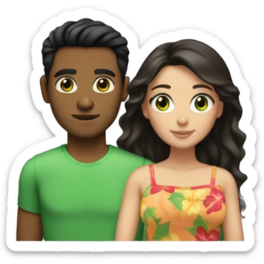couple woman dark brown hair green eyes and hawaiian man black hair brown eyes sticker