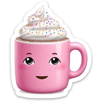 Glossy pink mug with hot chocolate and whipped cream on top with sprinkles  sticker