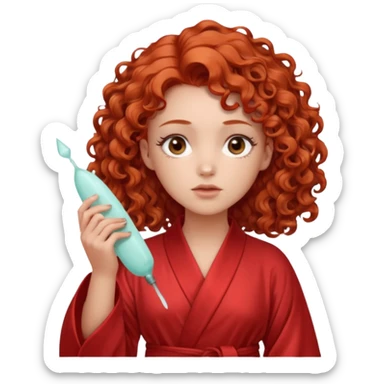 Cartoon emoji of a girl with voluminous curly red hair, fair skin, warm brown eyes. Wearing a chic milky silk robe with long sleeves, no makeup. Portrait mode, holding a gua sha, looking doubtful and unsure. Smooth, simple, stylized." sticker