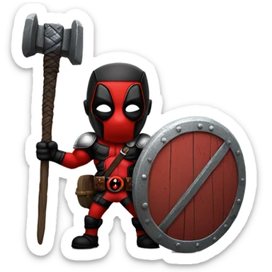 Deadpool holding Viking shield and thors hammer sticker