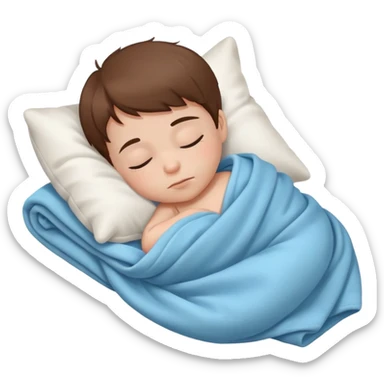Baby boy with brown hair, white skin, sleeping with blanket and pillows sticker