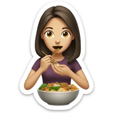 Brunette girl eating Asian food sticker