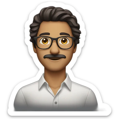 guy with curled mid long hair brune and glasses and small mustache sticker